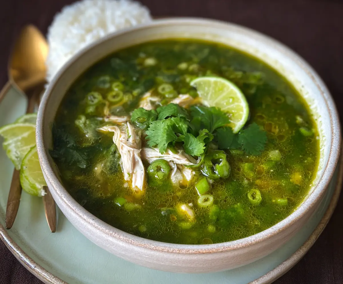 Delicious green garlic and ginger chicken and rice soup in a bowl, showcasing fresh ingredients and vibrant flavors.