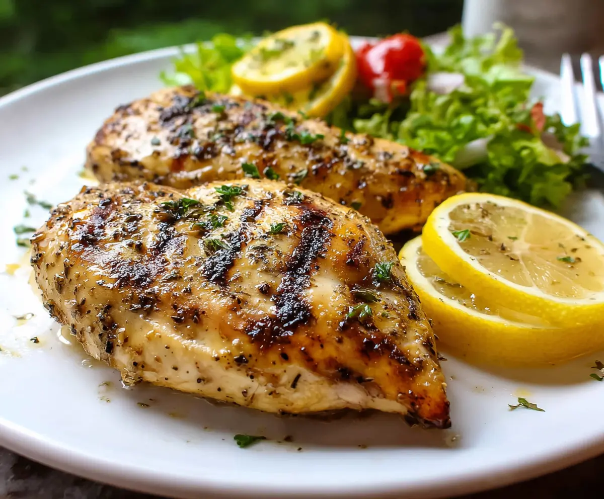 Juicy grilled lemon pepper chicken breast served on a plate with lemon wedges and herbs.