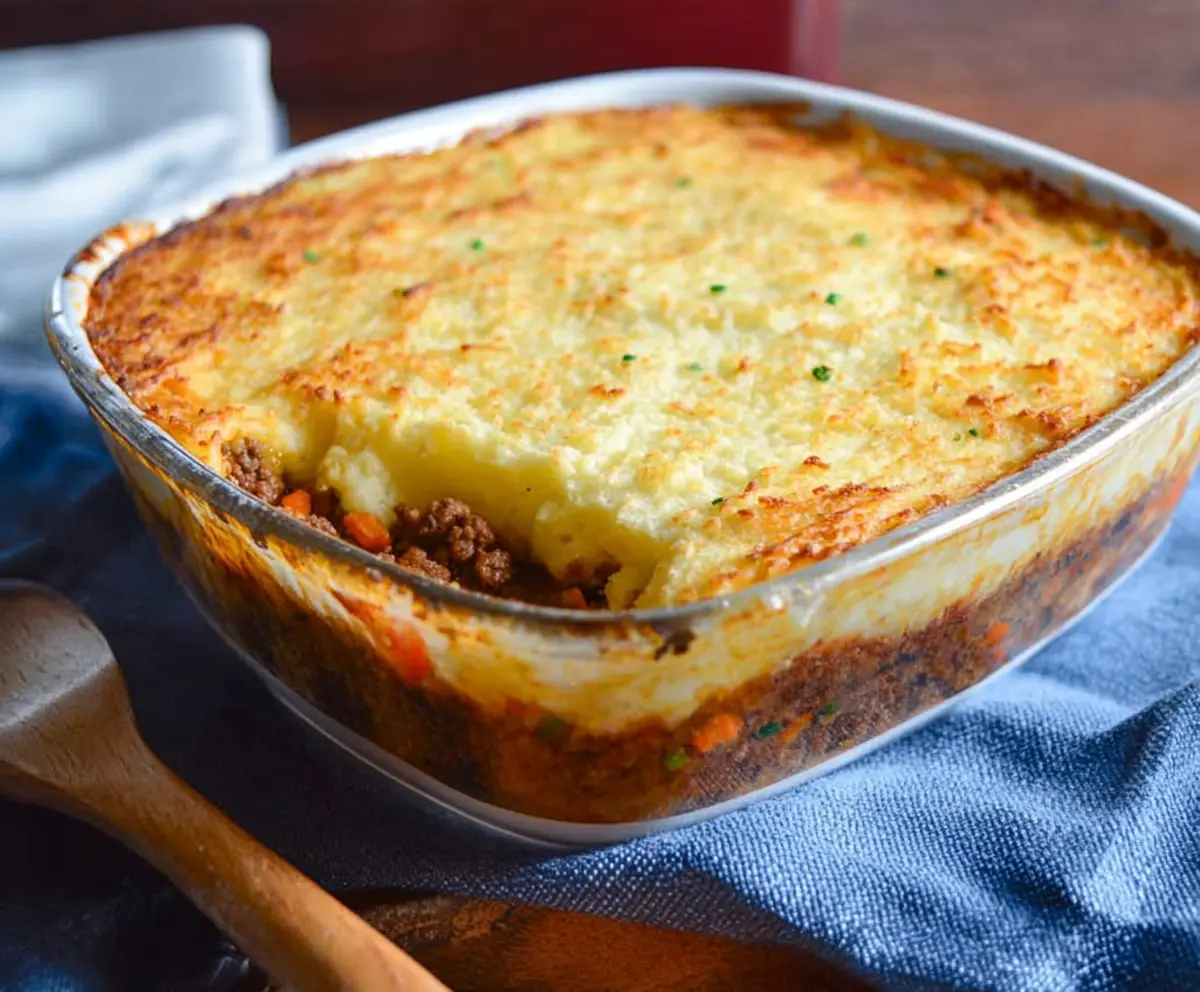 Delicious Ground Beef Shepherd's Pie with mashed potato topping and savory beef filling.