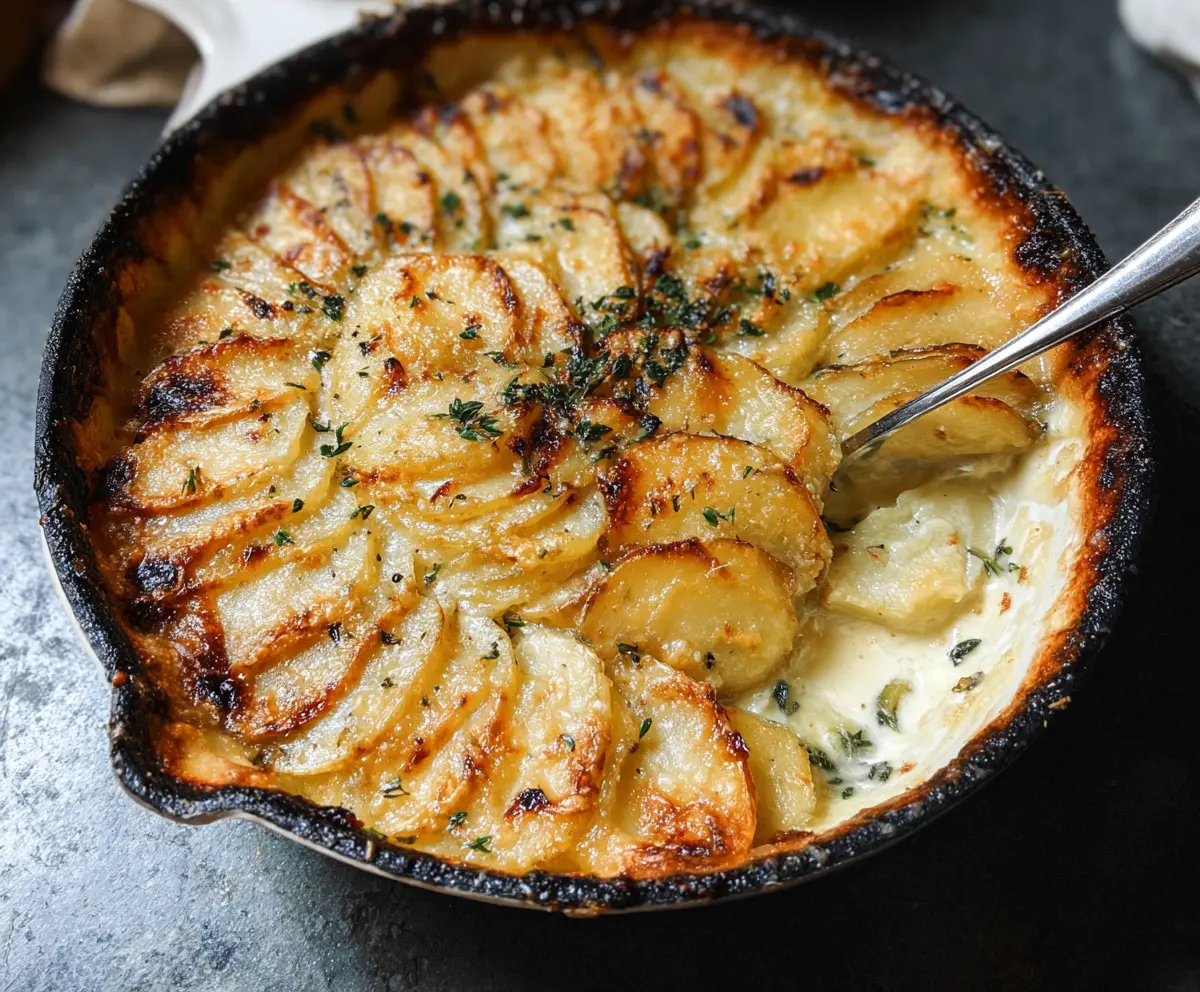 Delicious Gruyere Potato Gratin with melted cheese and crispy top, perfect for cozy dinners.