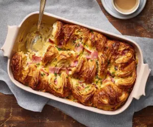 Delicious Ham and Cheese Croissant Brunch Bake in a baking dish, perfect for breakfast or brunch.