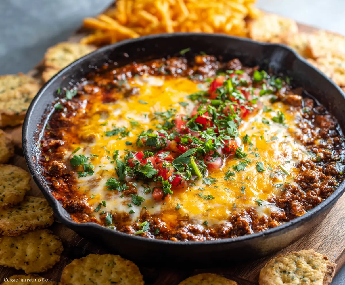 Delicious hamburger meat dip served with fresh vegetables and crispy chips.