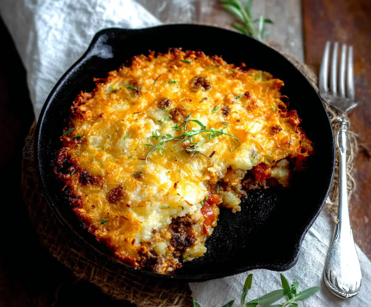 Delicious Hash Brown Shepherd's Pie topped with crispy golden hash browns and savory filling.