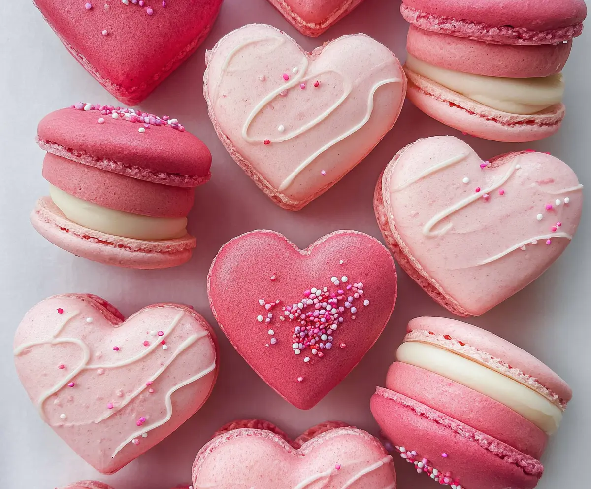 Delicious heart-shaped macarons with smooth pastel pink shells for a romantic dessert display