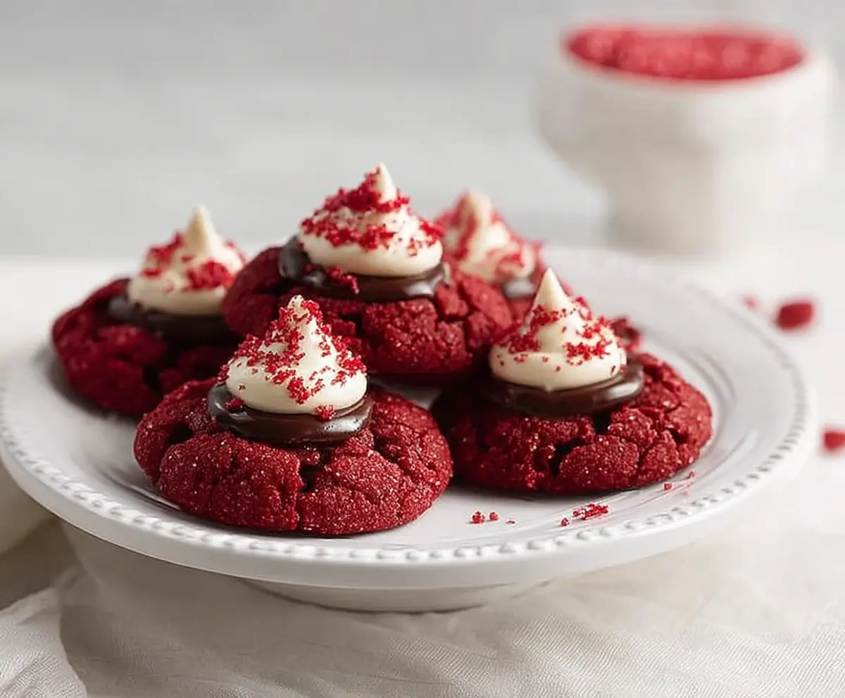 Delicious Hershey's Red Velvet Blossoms Cookies with Hershey's Kisses on top.