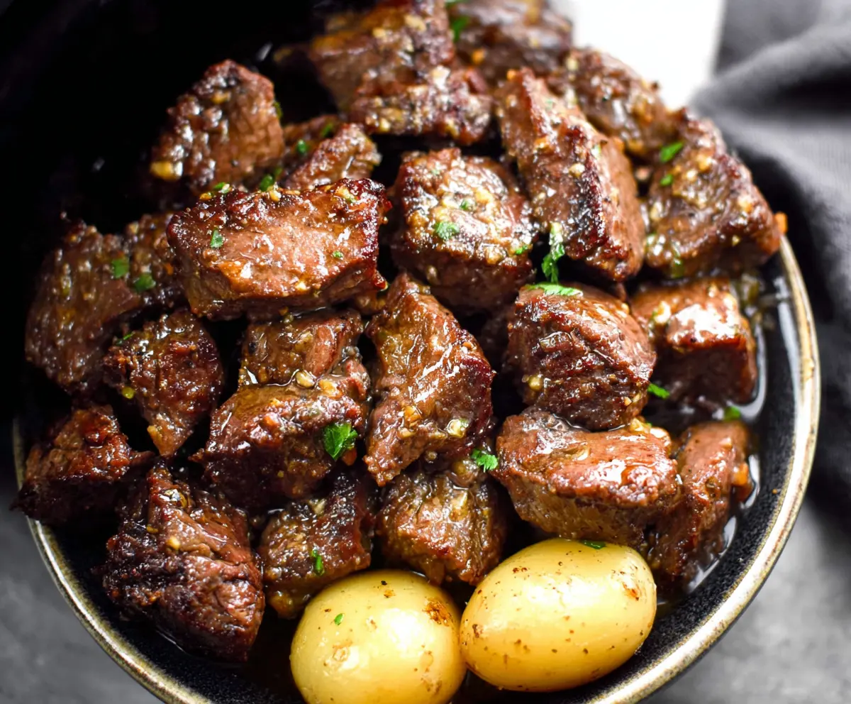 Delicious high protein slow cooker garlic butter beef bites served on a plate.