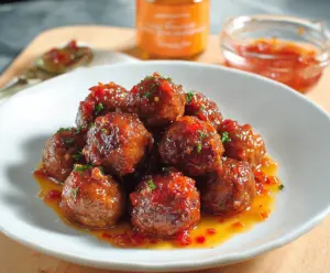 Delicious hot pepper jelly meatballs served on a platter, garnished with fresh herbs.