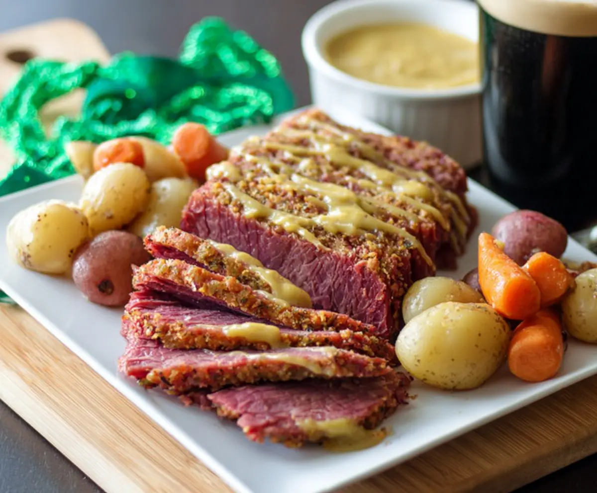 Delicious Instant Pot corned beef with a flavorful mustard glaze ready to serve.