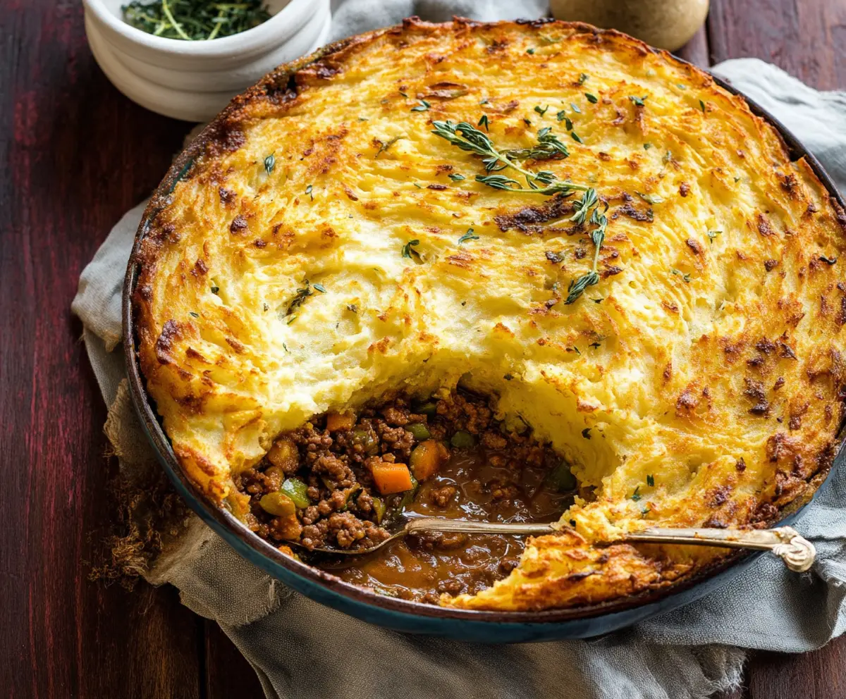 Delicious Irish Cottage Pie with mashed potatoes and savory meat filling served on a rustic platter.