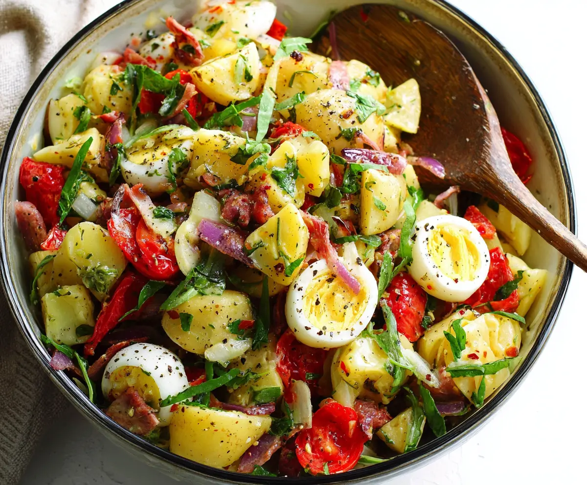 Traditional Italian Easter Potato Salad with fresh herbs and colorful vegetables