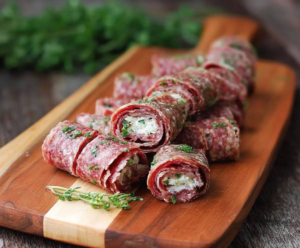 Delicious keto salami roll-ups filled with creamy cheese and fresh herbs for a low-carb snack.
