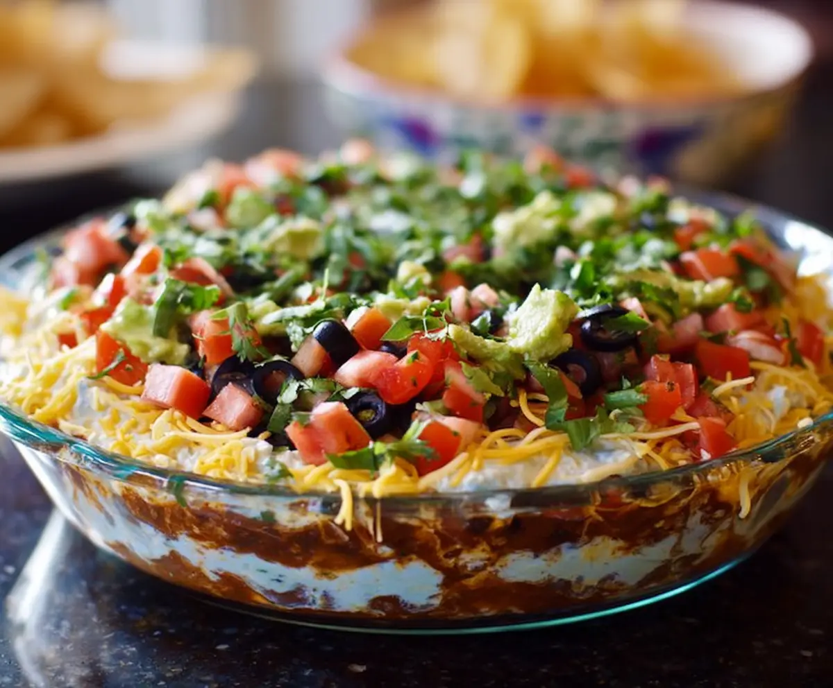 Delicious layered Tex-Mex dip with colorful ingredients including cheese, salsa, and sour cream.