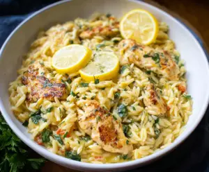 Delicious Lemon Chicken served with creamy orzo pasta on a white plate.