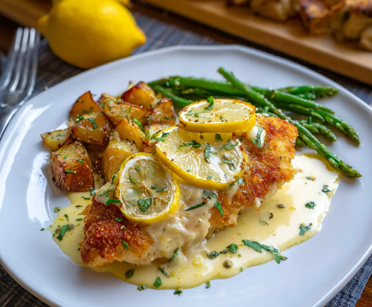 Delicious Lemon Chicken Romano served on a white plate with fresh herbs and lemon slices, perfect for a flavorful Italian-inspired dinner.