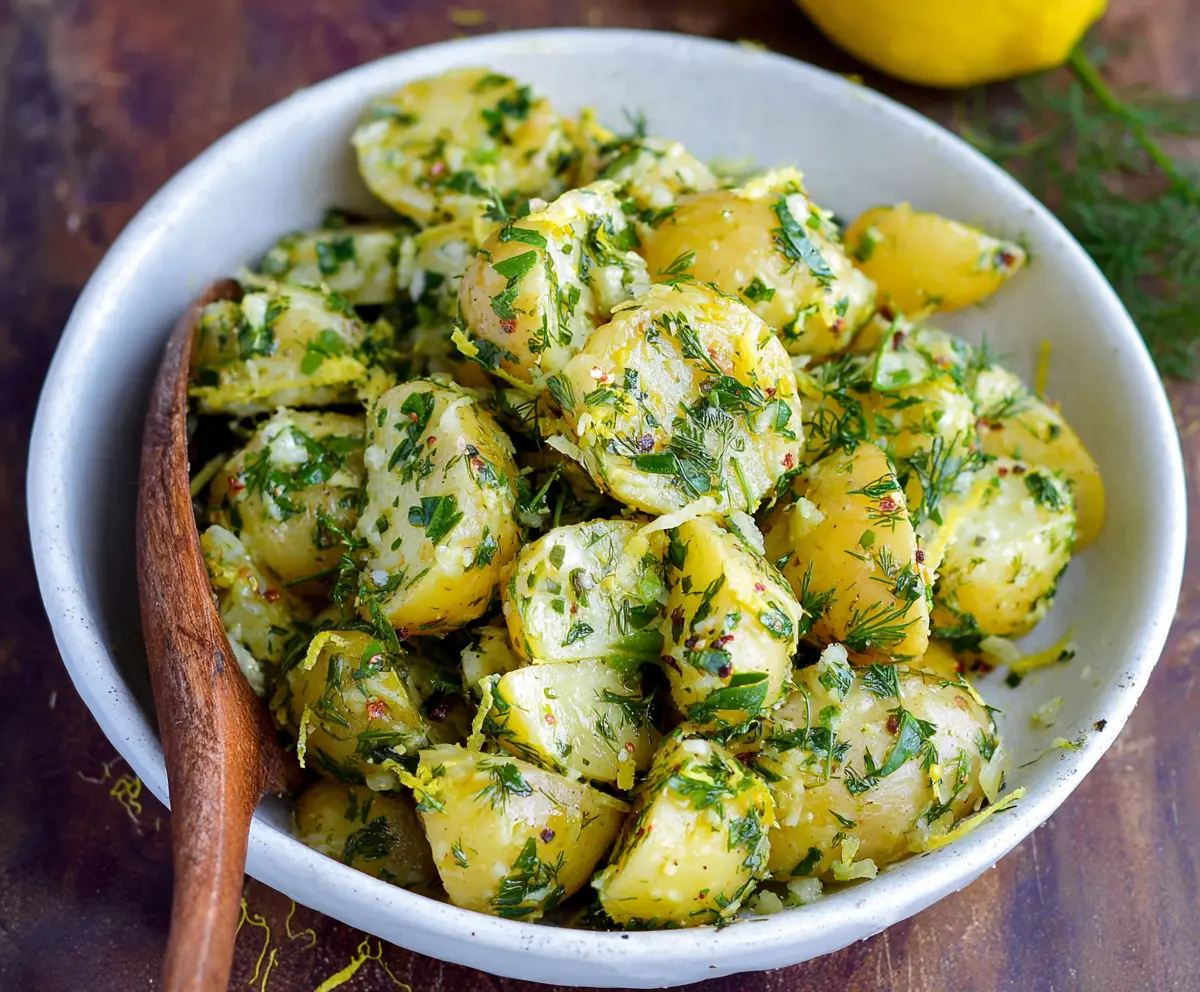Fresh Lemon Herb Potato Salad garnished with herbs and lemon slices for a vibrant summer dish.