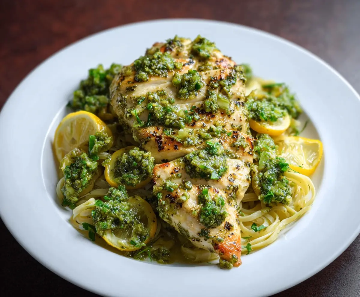 Juicy lemon pesto chicken served with fresh herbs on a white plate.