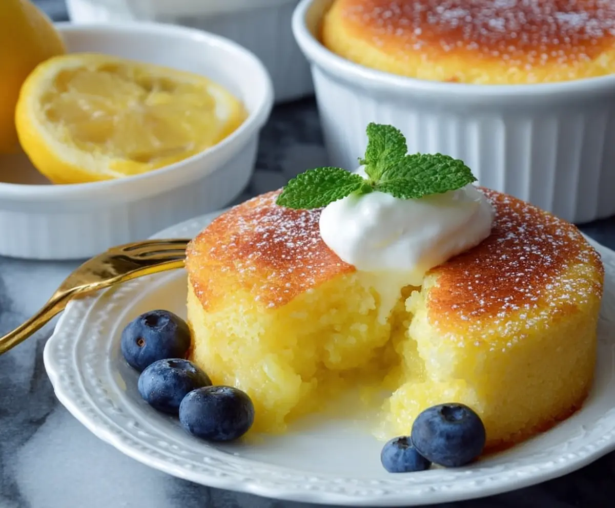 Delicious Lemon Pudding Cake with a moist, citrus-flavored dessert topped with a dusting of powdered sugar.