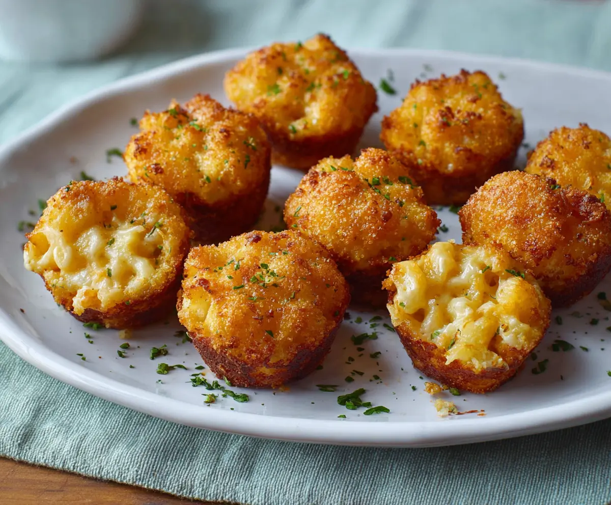 Golden baked macaroni and cheese bites served on a white plate, perfect for appetizer or snack.