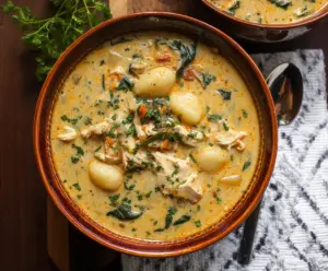 Creamy Marry Me Tuscan Chicken Gnocchi Soup in a bowl with fresh herbs and parmesan cheese.