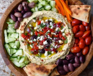 Colorful Mediterranean hummus dip platter with fresh vegetables and pita bread.