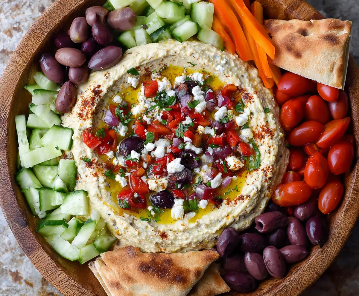 Colorful Mediterranean hummus dip platter with fresh vegetables and pita bread.