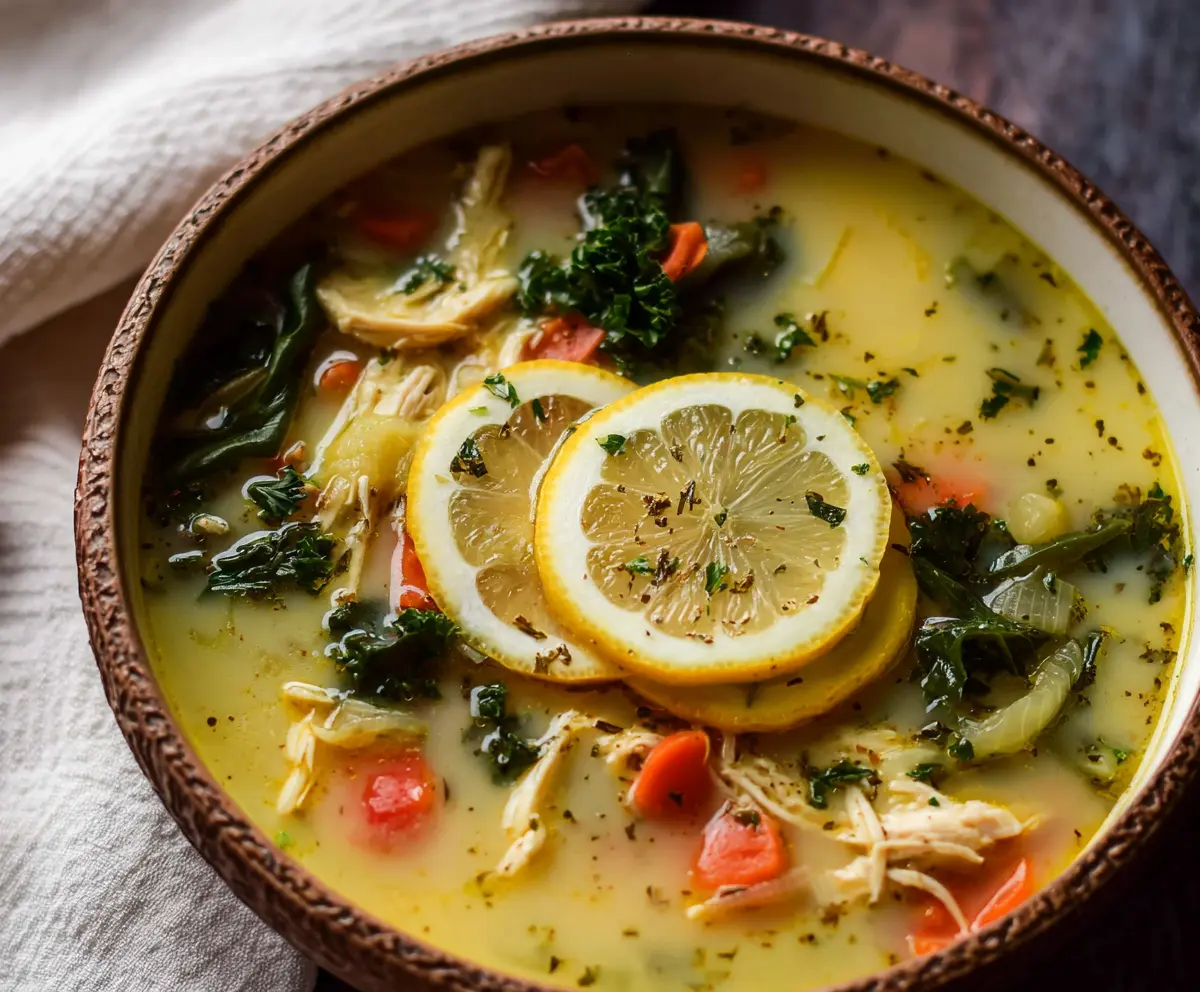 Delicious Mediterranean Lemon Chicken Soup in a bowl with fresh herbs and lemon slices.