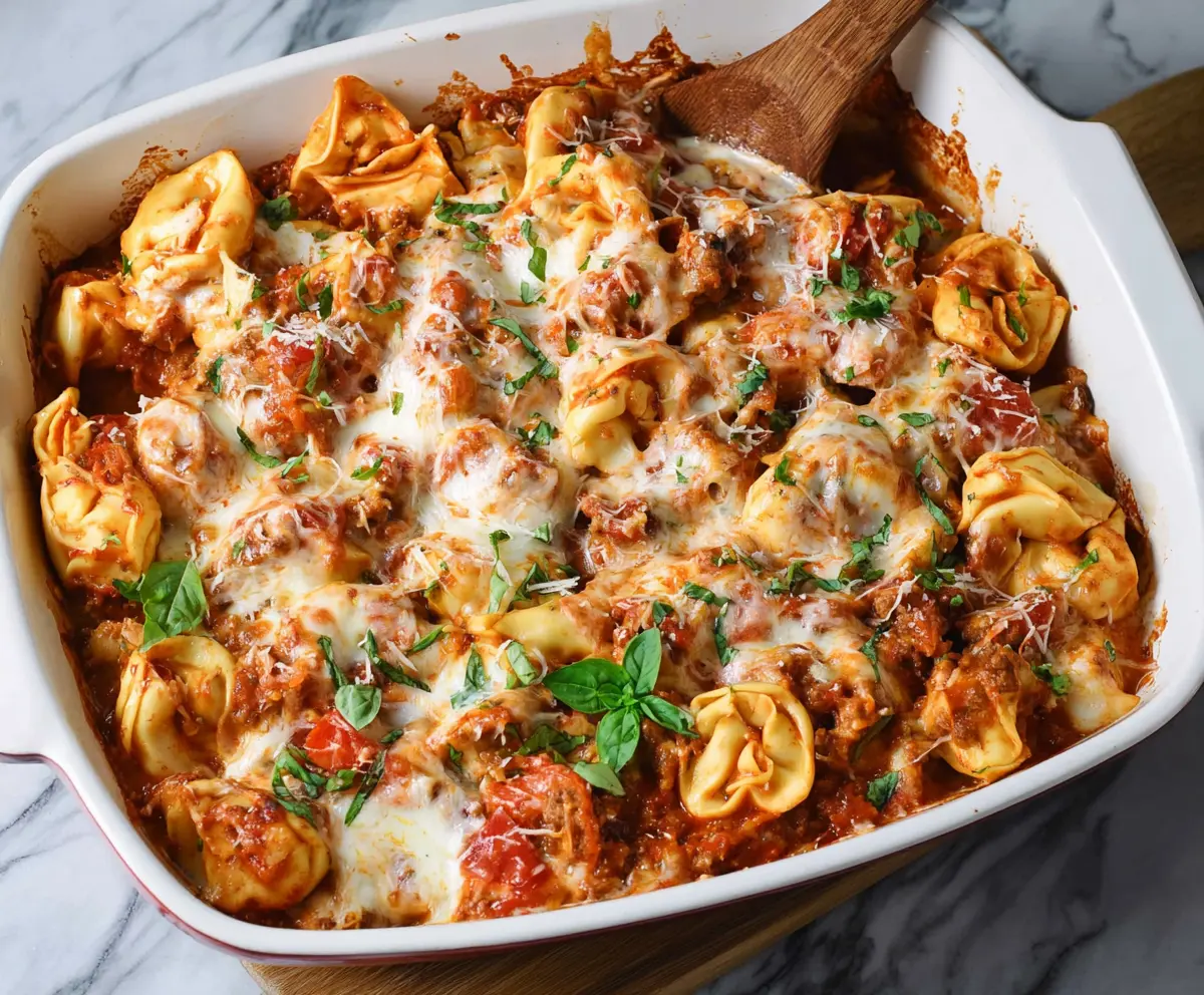 Delicious Million Dollar Tortellini Casserole topped with melted cheese and fresh herbs, served in a baking dish.