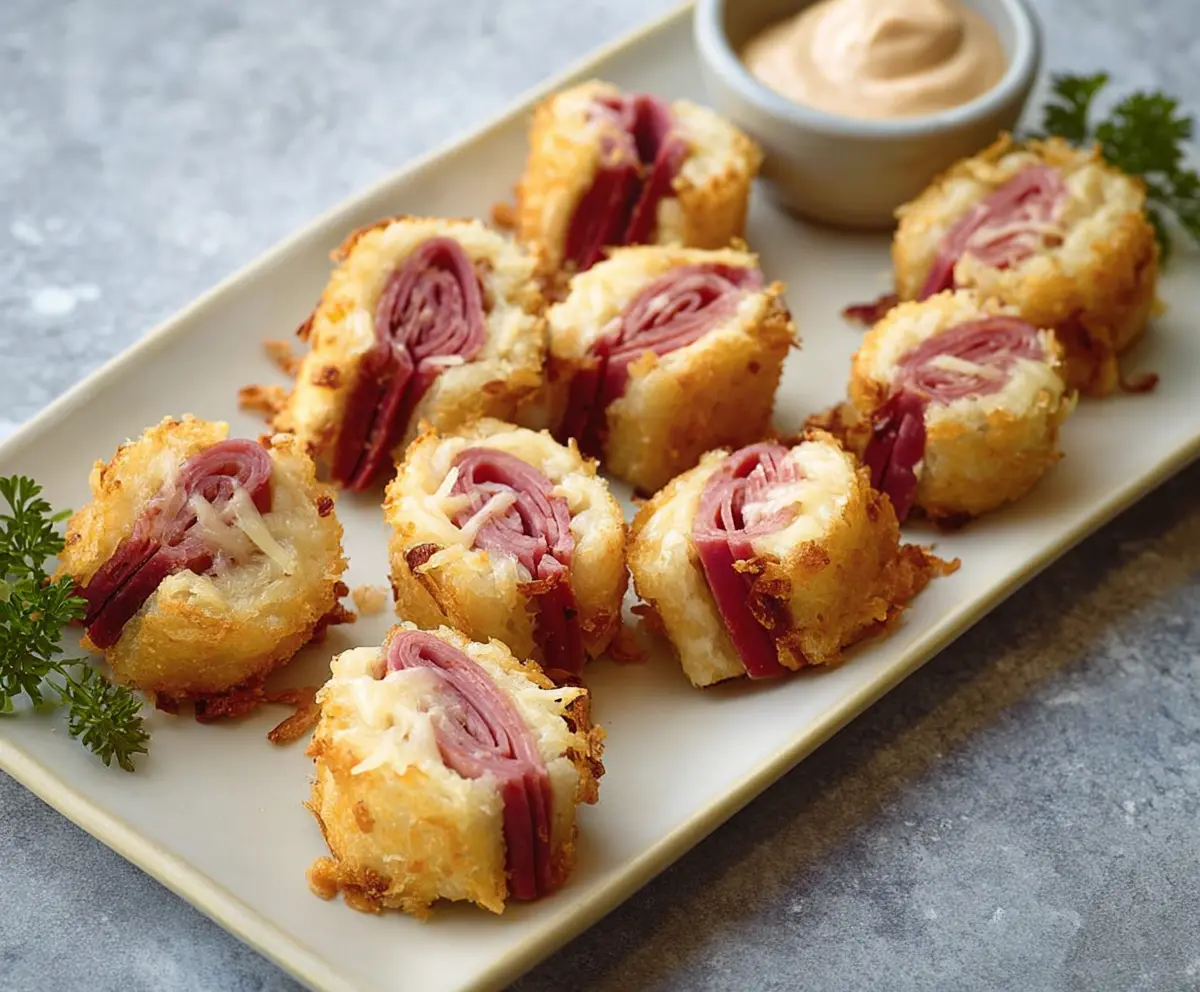 Plate of Mini Reuben Bites featuring corned beef, sauerkraut, and Swiss cheese on rye bread pieces.
