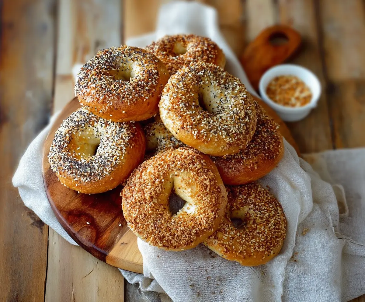 Fresh Montreal style bagels on a wooden board with sesame seeds and a side of cream cheese.