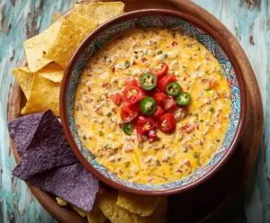 Creamy nacho dip with melted cheese, jalapenos, and spicy seasonings served with tortilla chips.