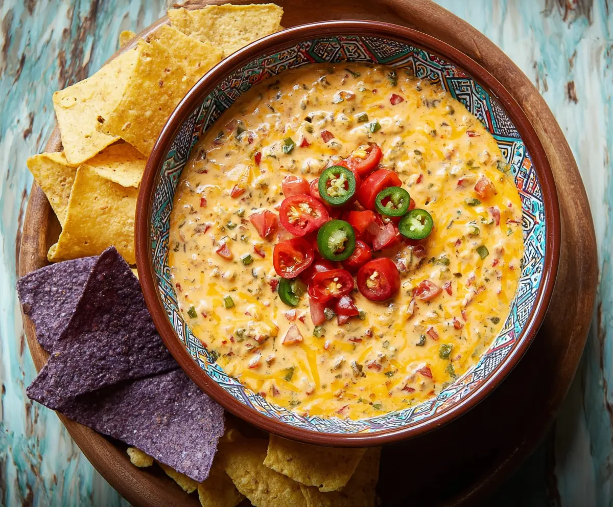 Creamy nacho dip with melted cheese, jalapenos, and spicy seasonings served with tortilla chips.