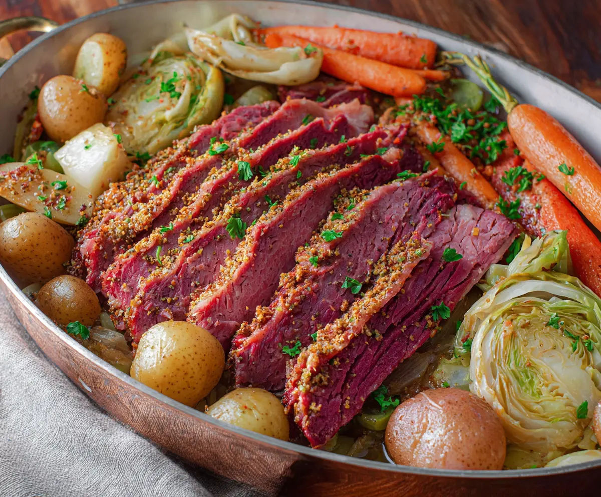 Delicious oven roasted corned beef with tender cabbage, perfect for a hearty dinner.