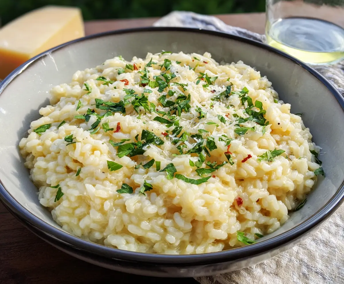 Creamy Parmesan Risotto served in a rustic bowl with grated cheese on top.