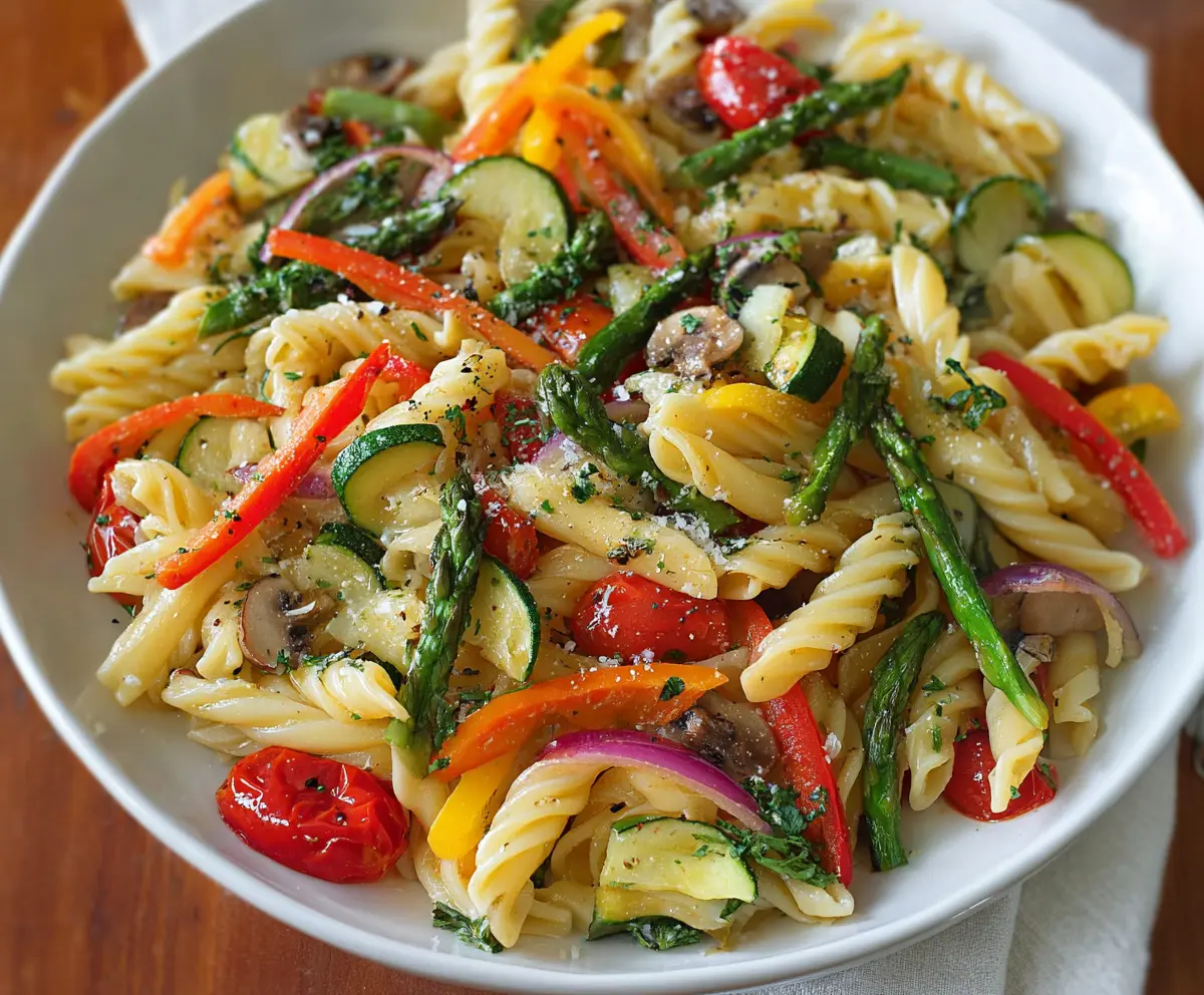 Colorful Pasta Primavera with fresh vegetables and herbs in a white bowl.