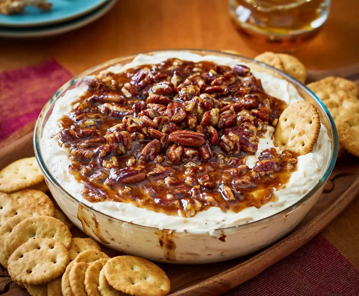 Delicious Pecan Pie Dip in a serving bowl, topped with chopped pecans and drizzled with caramel sauce.