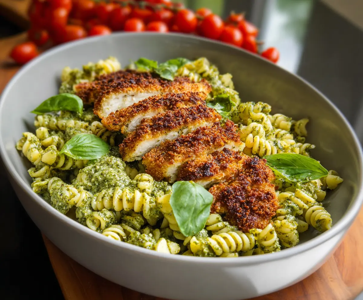 Delicious pesto pasta topped with crispy parmesan chicken pieces, garnished with fresh herbs.