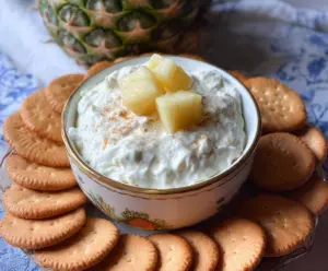 Delicious homemade pineapple dip served with fresh fruit and snacks