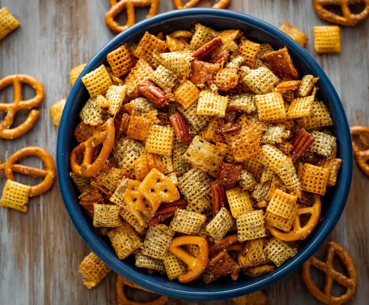 Delicious homemade Ranch Chex Mix with crunchy cereals and savory herbs.