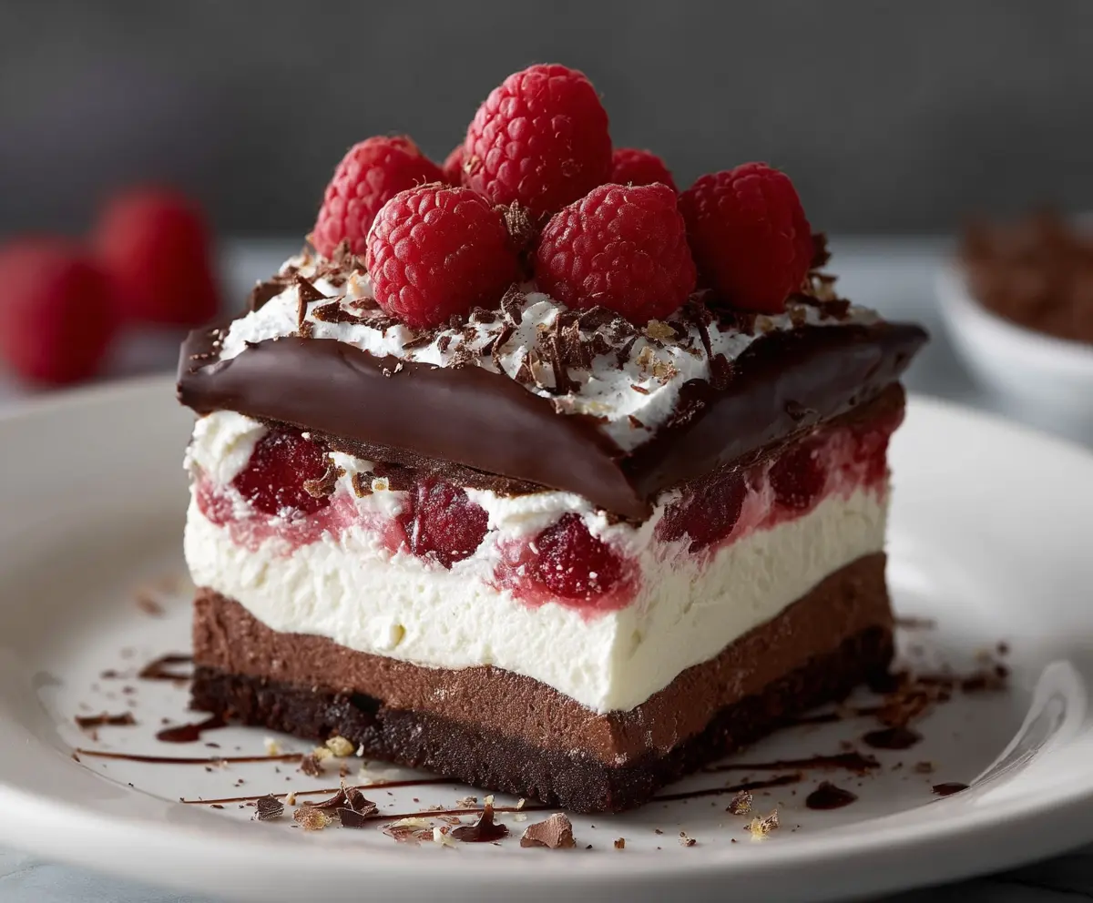 Delicious Raspberry Chocolate Lasagna dessert with layers of fresh raspberries, rich chocolate, and creamy cheese.