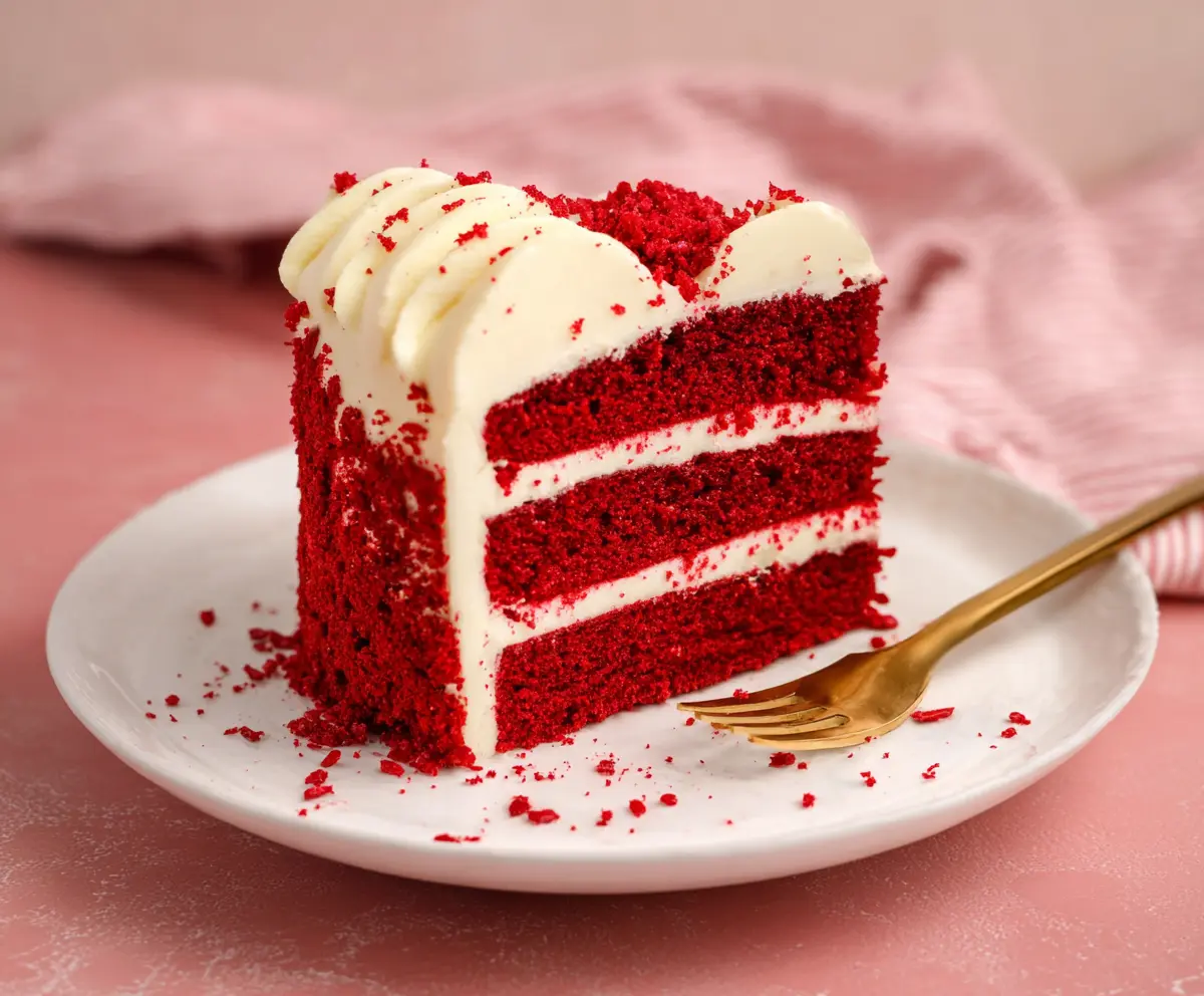 Decadent red velvet cake with cream cheese frosting and rich texture.