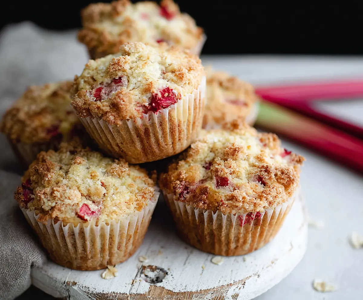 Freshly baked rhubarb strawberry muffins on a plate, showcasing vibrant red and green colors.