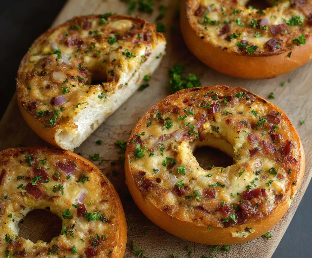 Delicious savory quiche stuffed bagels garnished with herbs and served on a plate