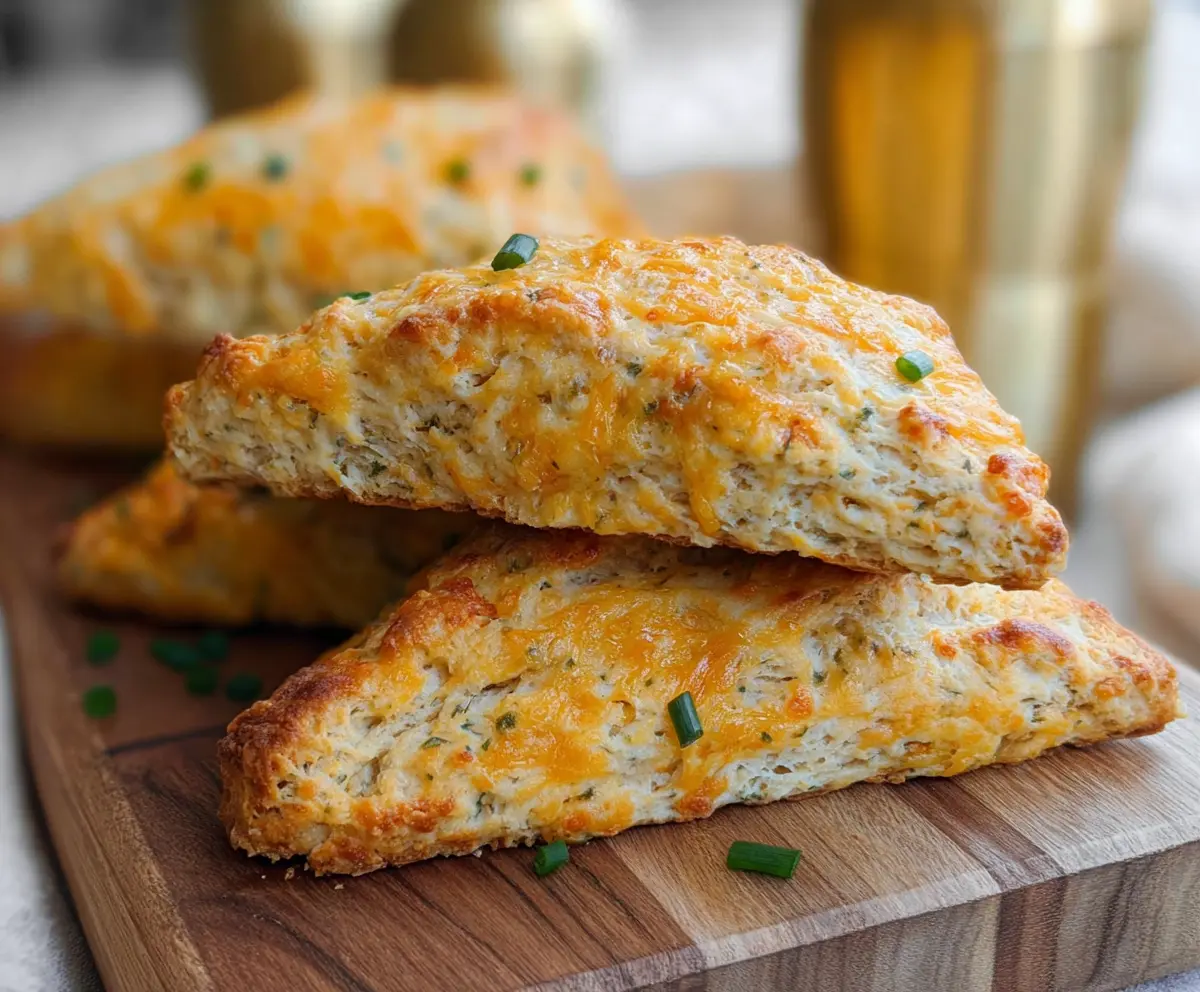 Delicious homemade sourdough scones filled with sharp cheddar cheese and fresh chives, perfect for breakfast or snacks.