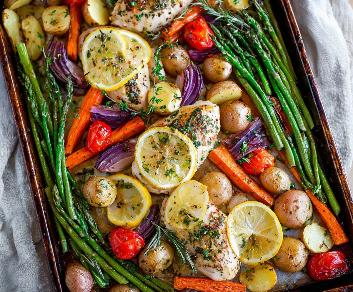 Delicious sheet pan lemon herb chicken with colorful roasted vegetables, perfect for a healthy dinner.