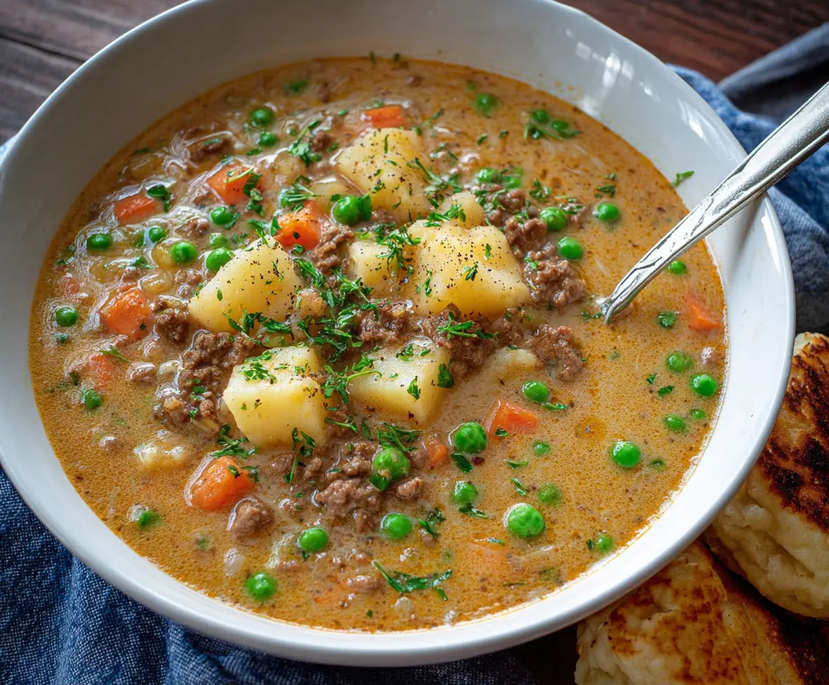Hearty Shepherd's Pie Soup with mashed potato topping, ground meat, and vegetables in a rustic bowl.