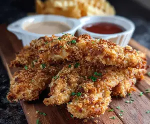 Crispy sourdough discard chicken strips served on a plate with dipping sauce