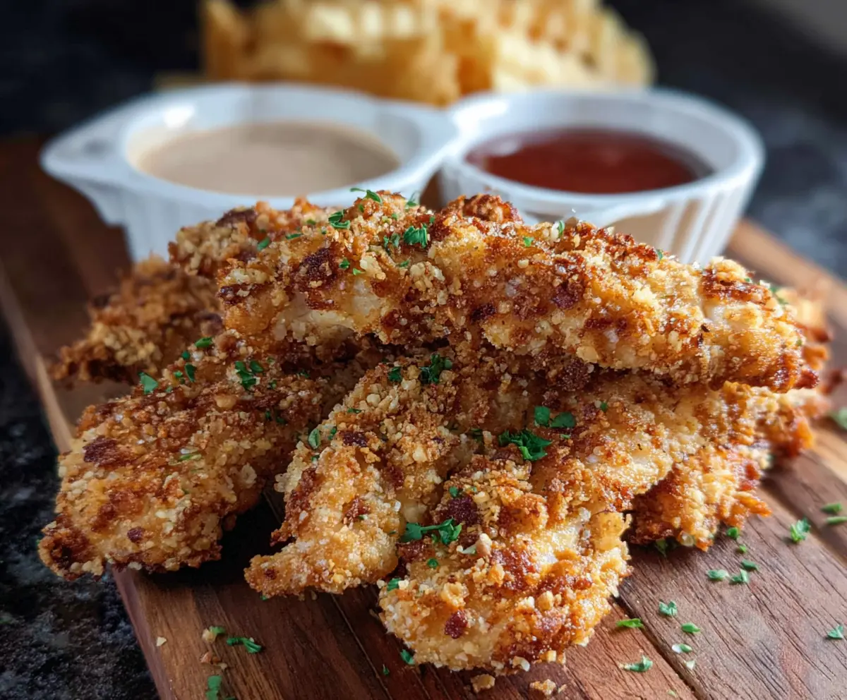 Crispy sourdough discard chicken strips served on a plate with dipping sauce