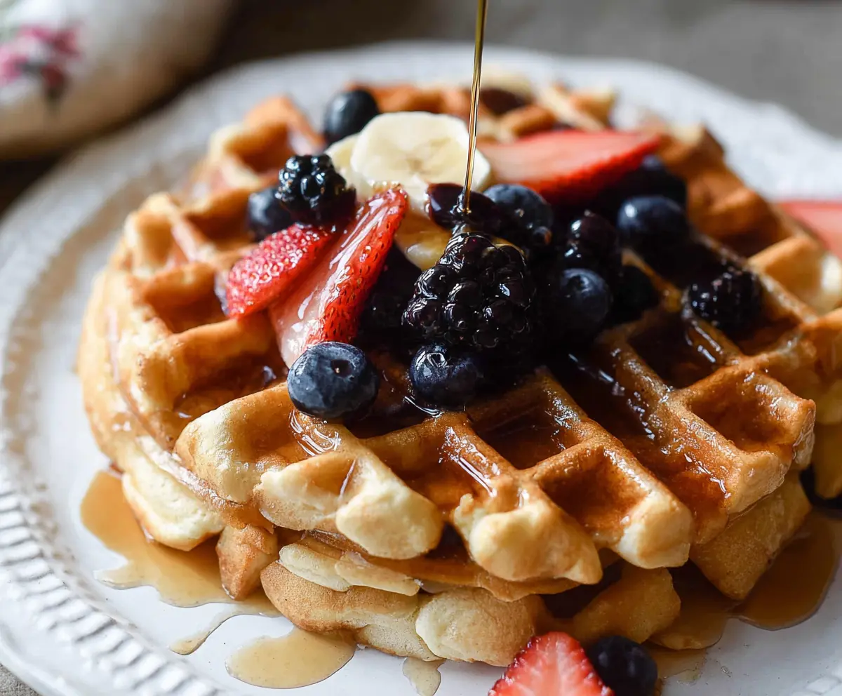 Golden brown sourdough discard waffles served with fresh berries and maple syrup.