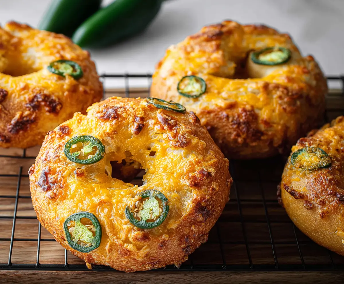 Delicious spicy jalapeño cheddar bagels with melted cheese and fresh jalapeños on top.