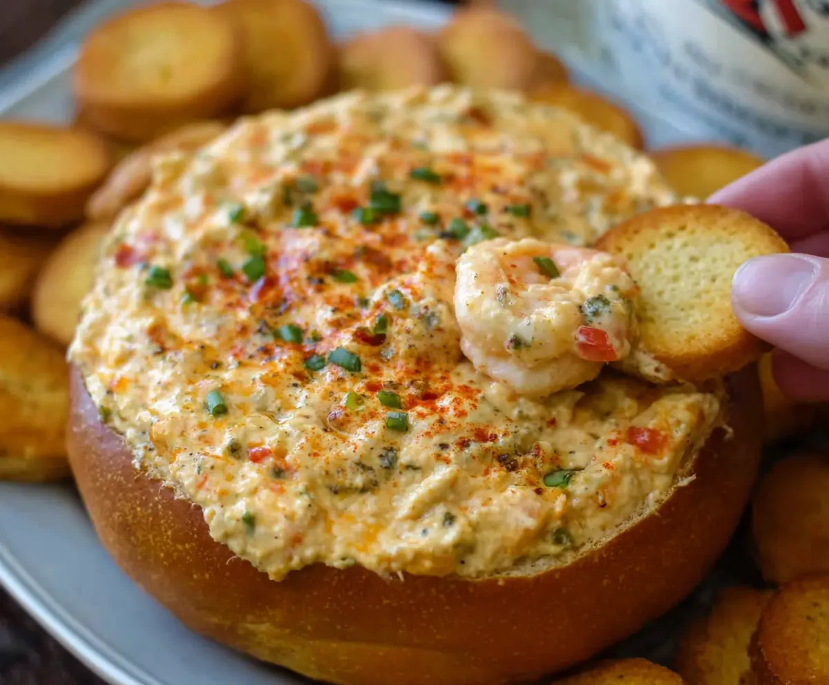 Delicious spicy Louisiana shrimp dip served in a bowl, perfect for parties and gatherings.